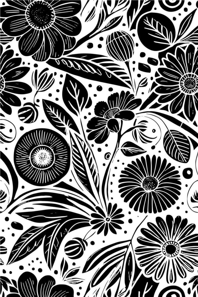 Abstract Black And White Monochromatic Hand-drawn Flowers Texture Pattern Doodle Vector Illustration