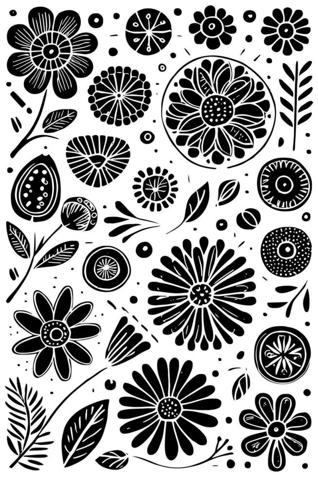 Abstract Black And White Monochromatic Hand-drawn Flowers Texture Pattern Doodle Vector Illustration