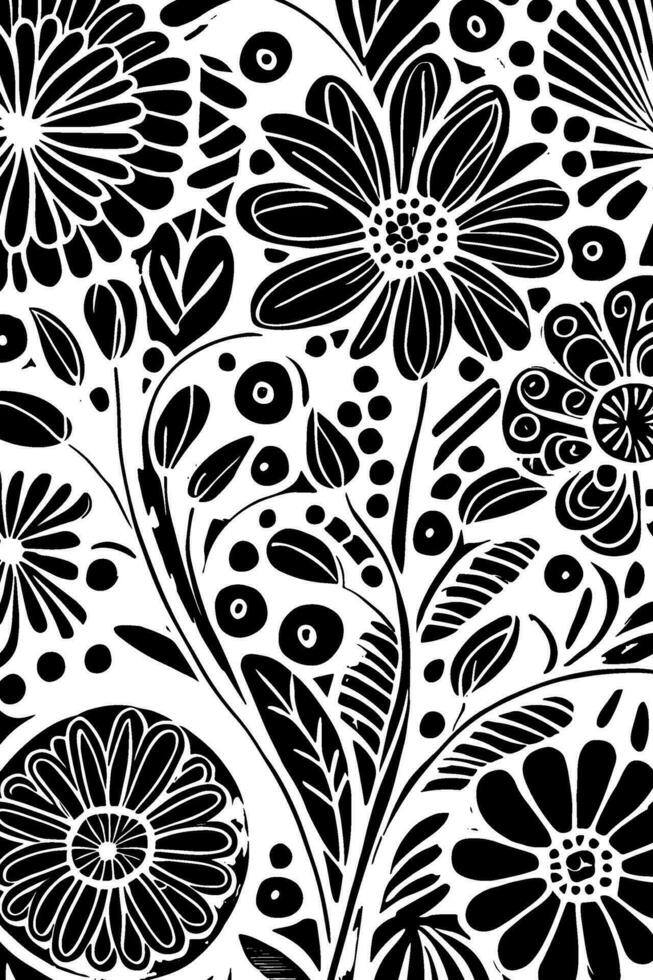 Abstract Black And White Monochromatic Hand-drawn Flowers Texture Pattern Doodle Vector Illustration