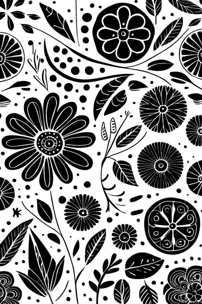 Abstract Black And White Monochromatic Hand-drawn Flowers Texture Pattern Doodle Vector Illustration