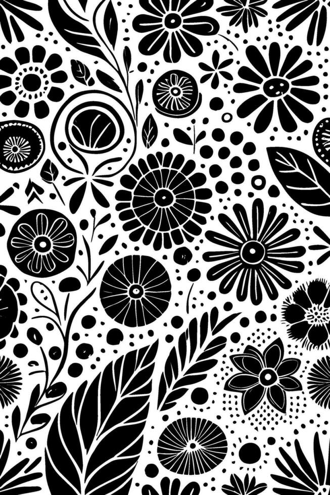 Abstract Black And White Monochromatic Hand-drawn Flowers Texture Pattern Doodle Vector Illustration