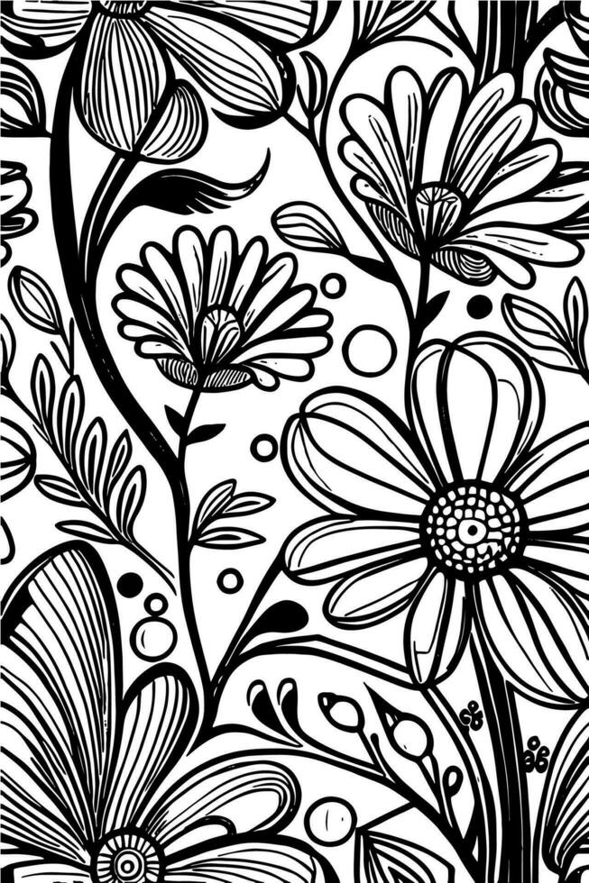 Abstract Black And White Monochromatic Hand-drawn Flowers Texture Pattern Doodle Vector Illustration