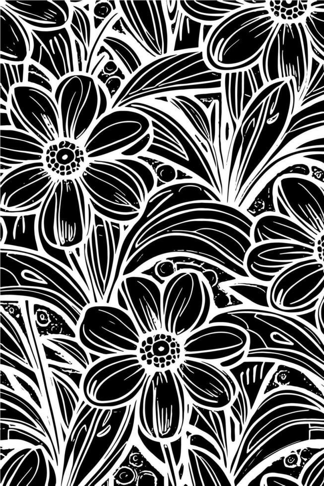 Abstract Black And White Monochromatic Hand-drawn Flowers Texture Pattern Doodle Vector Illustration