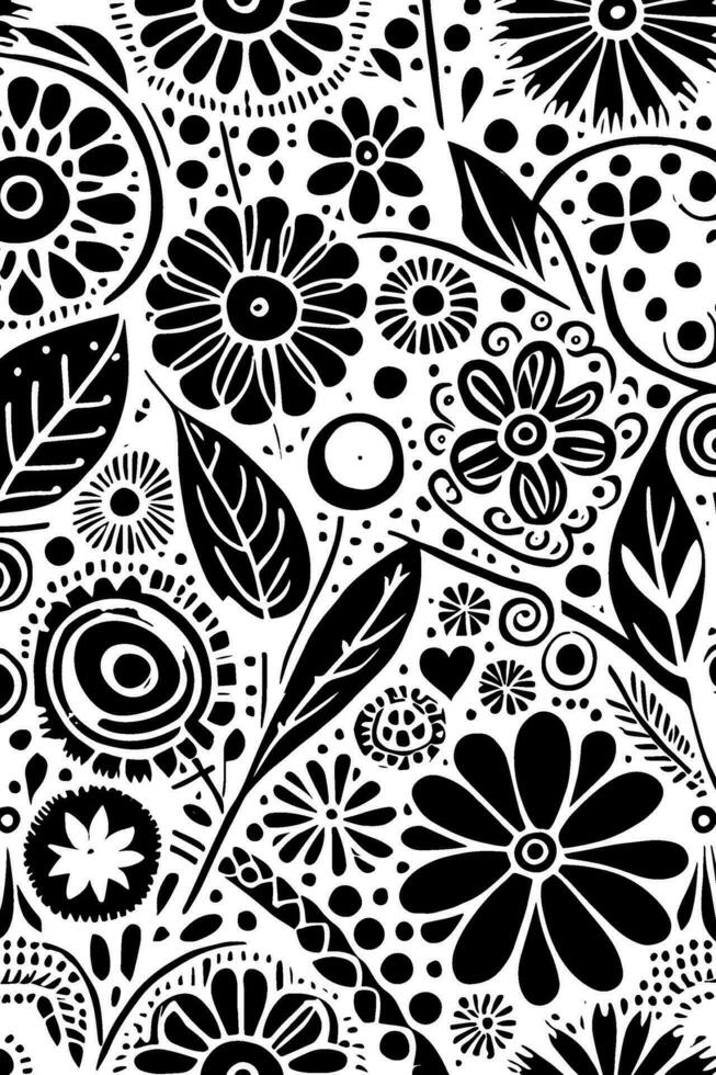 Abstract Black And White Monochromatic Hand-drawn Flowers Texture Pattern Doodle Vector Illustration