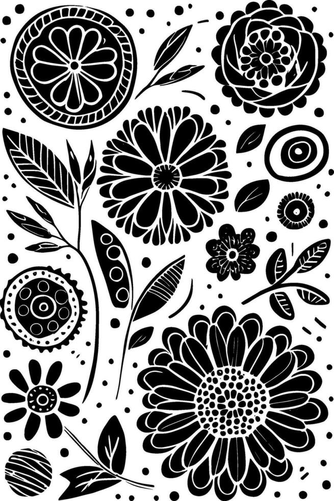 Abstract Black And White Monochromatic Hand-drawn Flowers Texture Pattern Doodle Vector Illustration