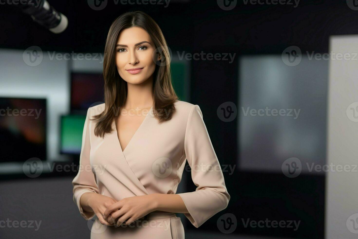 televisión anfitrión mujer sonriente. generar ai foto