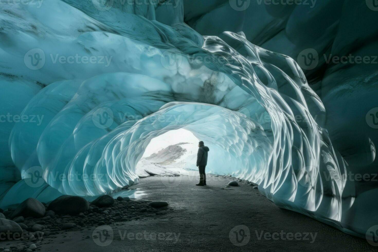 Traveler ice cave winter. Generate Ai photo