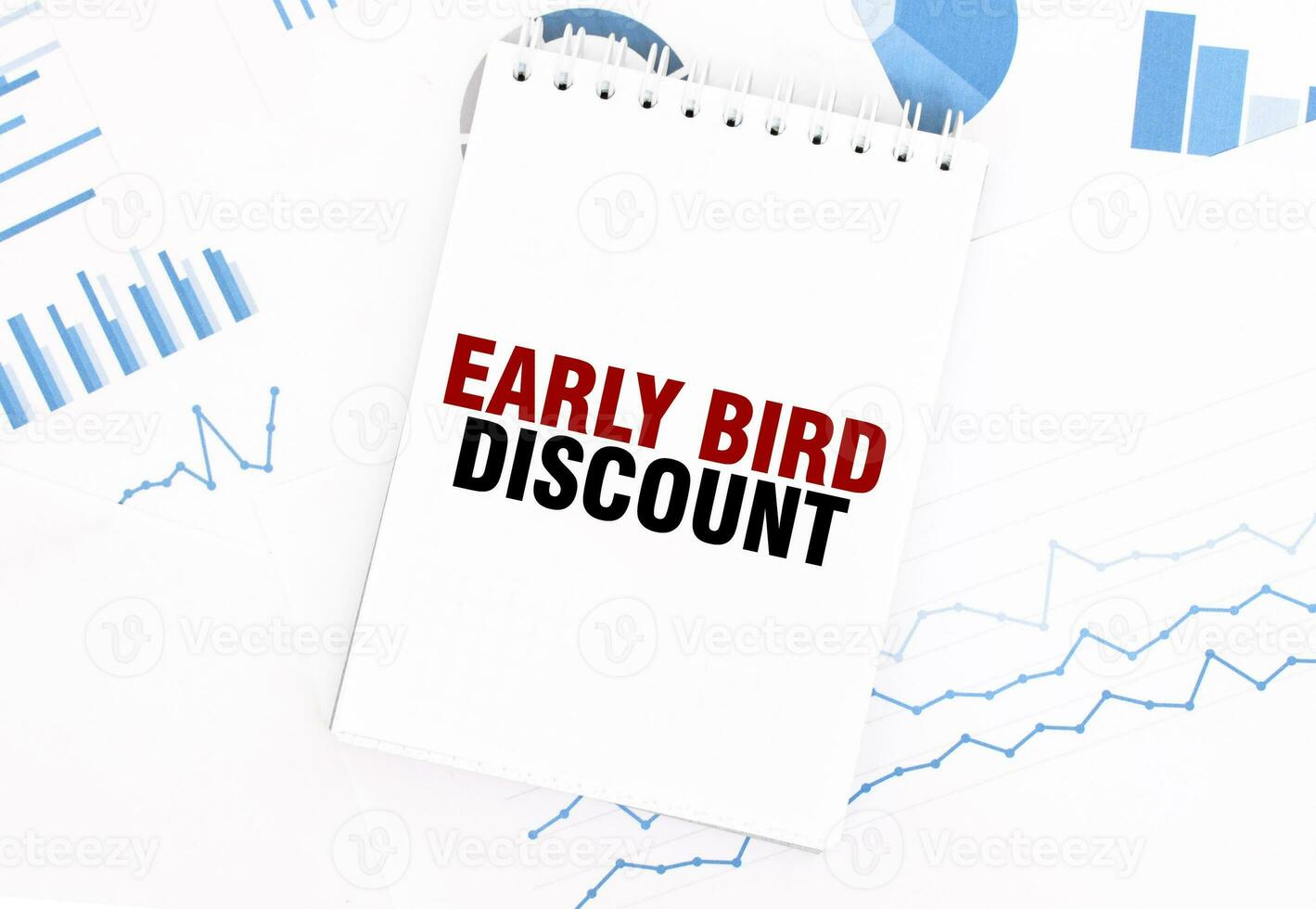 White notepad with text EARLY BIRD DISCOUNT on the financial documentation. Finance and business concept photo