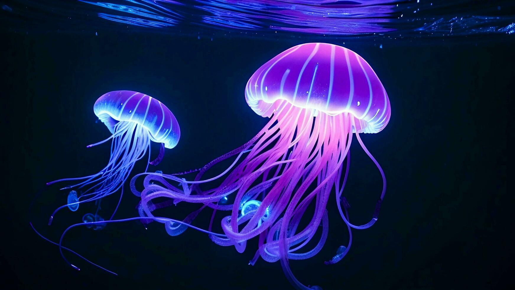 Glow deep sea jellyfish floating in the night, Ai Generative photo