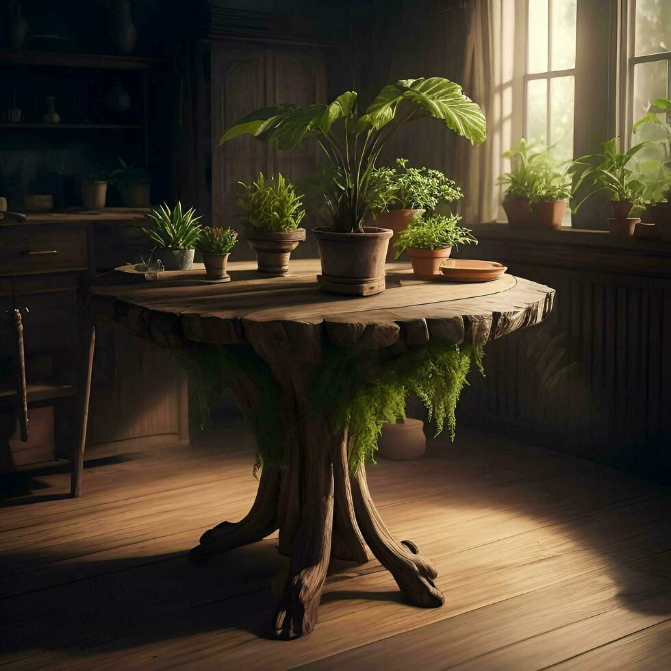 Professional photography of a plant sitting on top of a wooden table in a room, Ai Generative photo