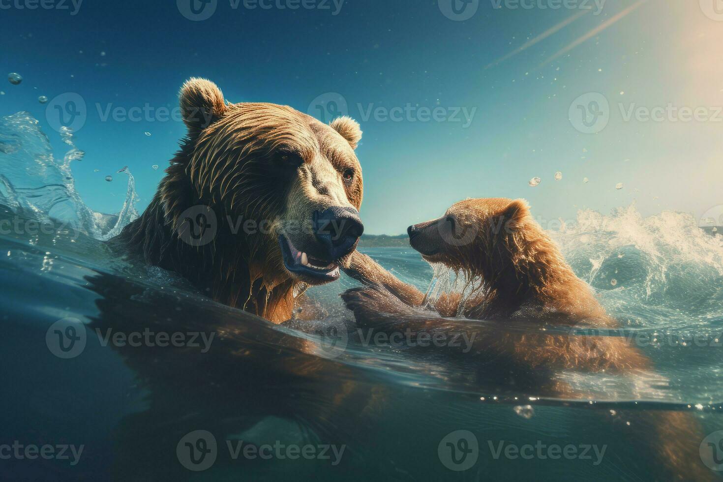 Bear family diving river. Generate Ai photo