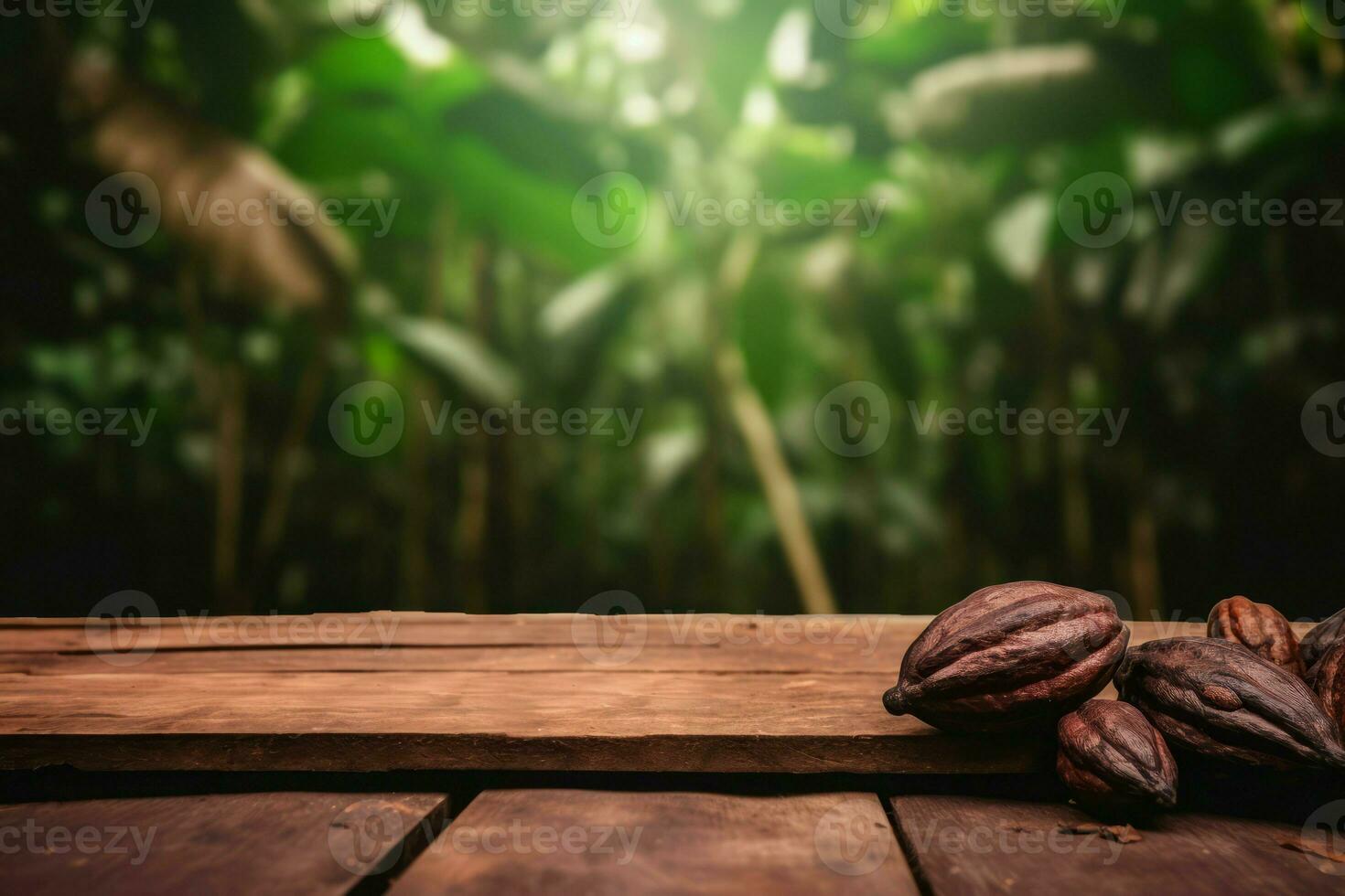 Cacao beans wood table. Generate Ai photo