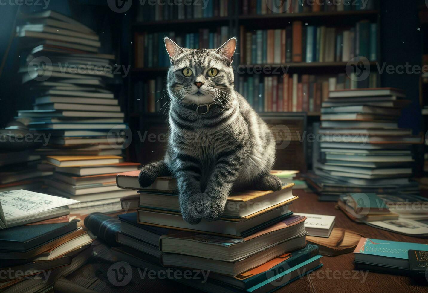 Cat on book stack animal. Generate Ai photo