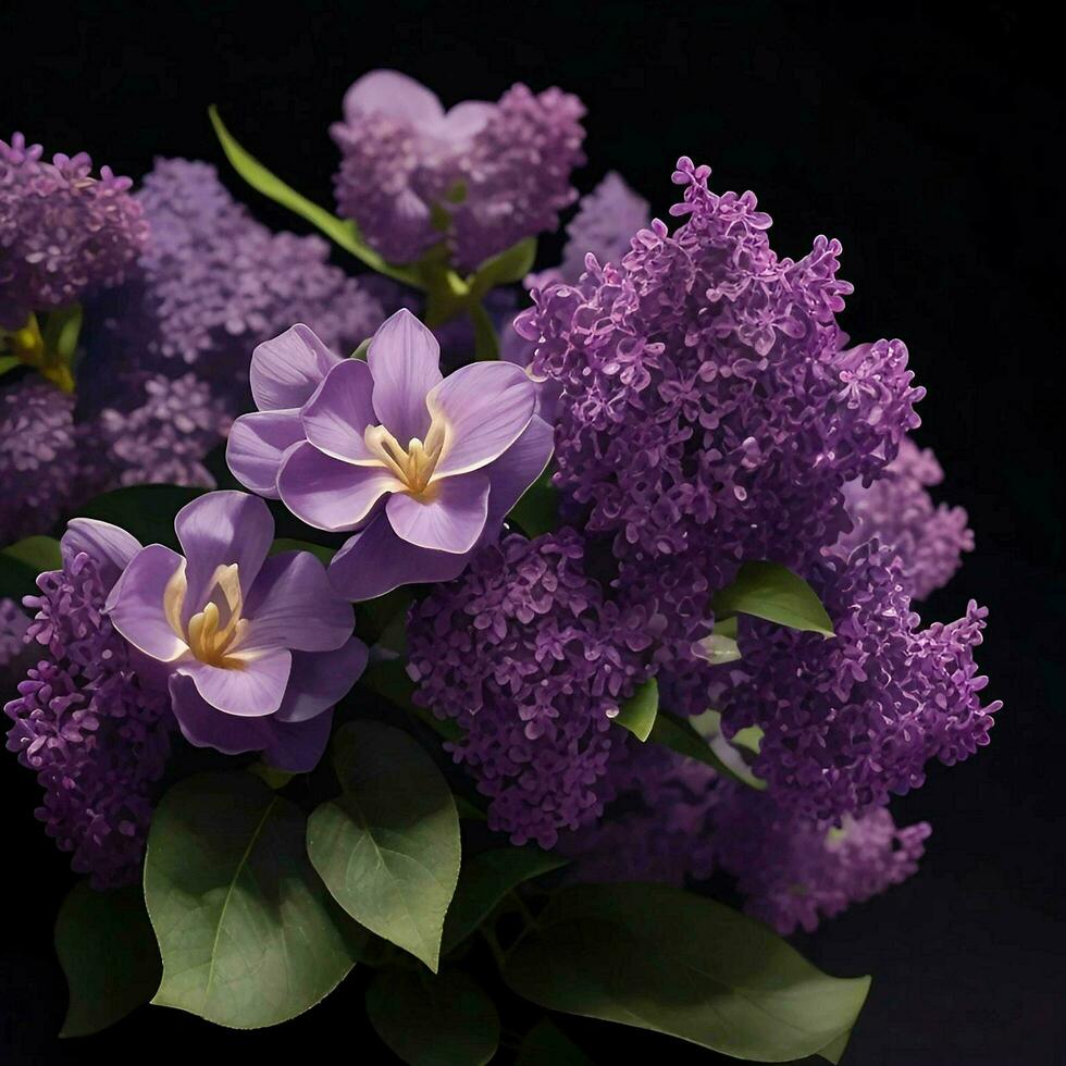 A beautiful lilac flower on black background, top view, Ai Generative photo