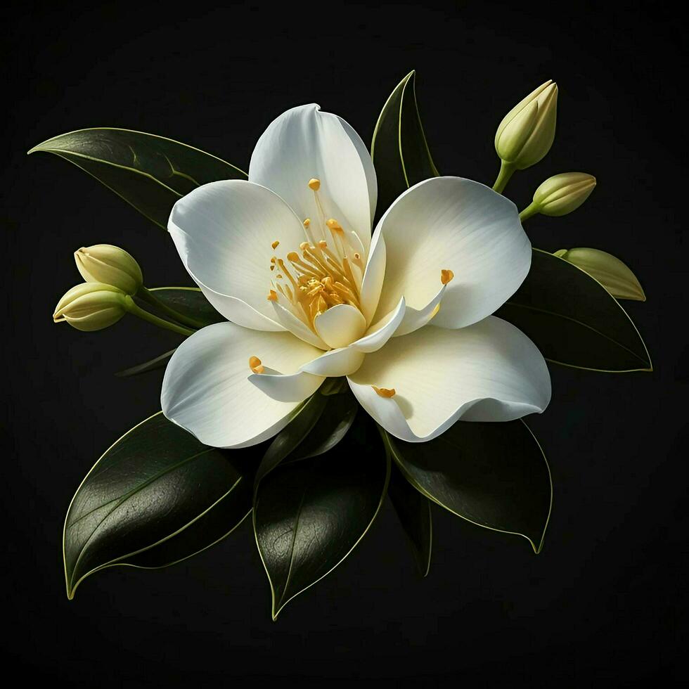 A beautiful jasmine flower on black background, top view, Ai Generative photo