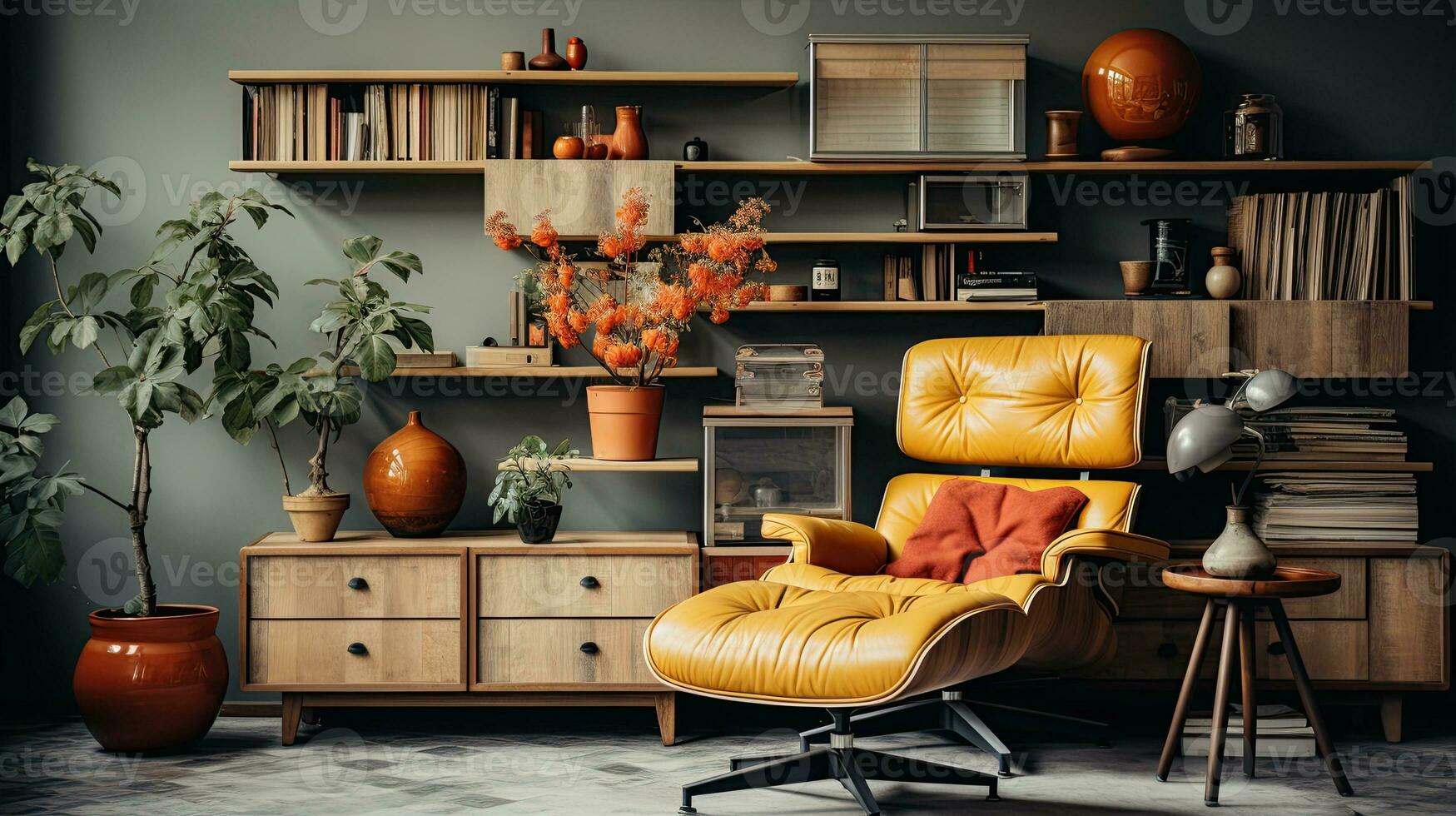 scandinavian retro interior design in bright vintage colors. generative ai photo