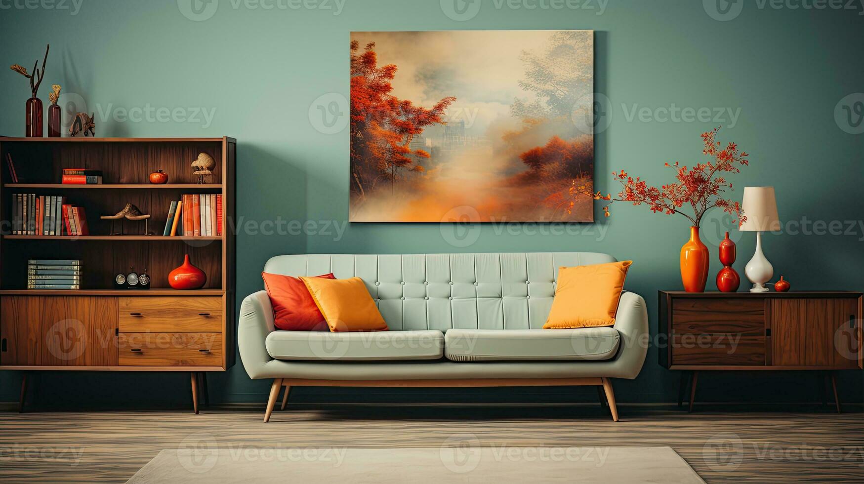 scandinavian retro interior design in bright vintage colors. generative ai photo