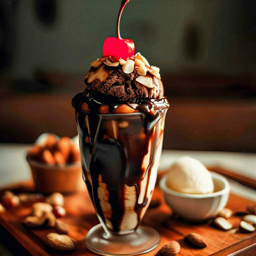 An ice cream with chocolate sauce on a wooden board, Ai Generative photo