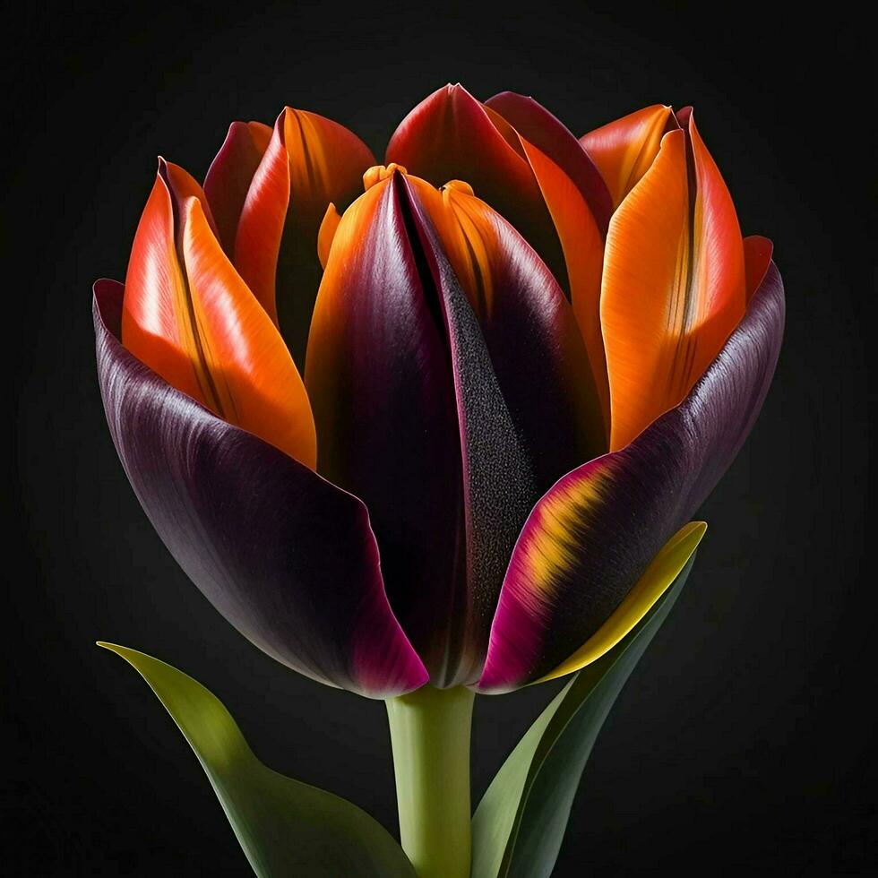 un hermosa tulipán en negro fondo, parte superior vista, ai generativo foto