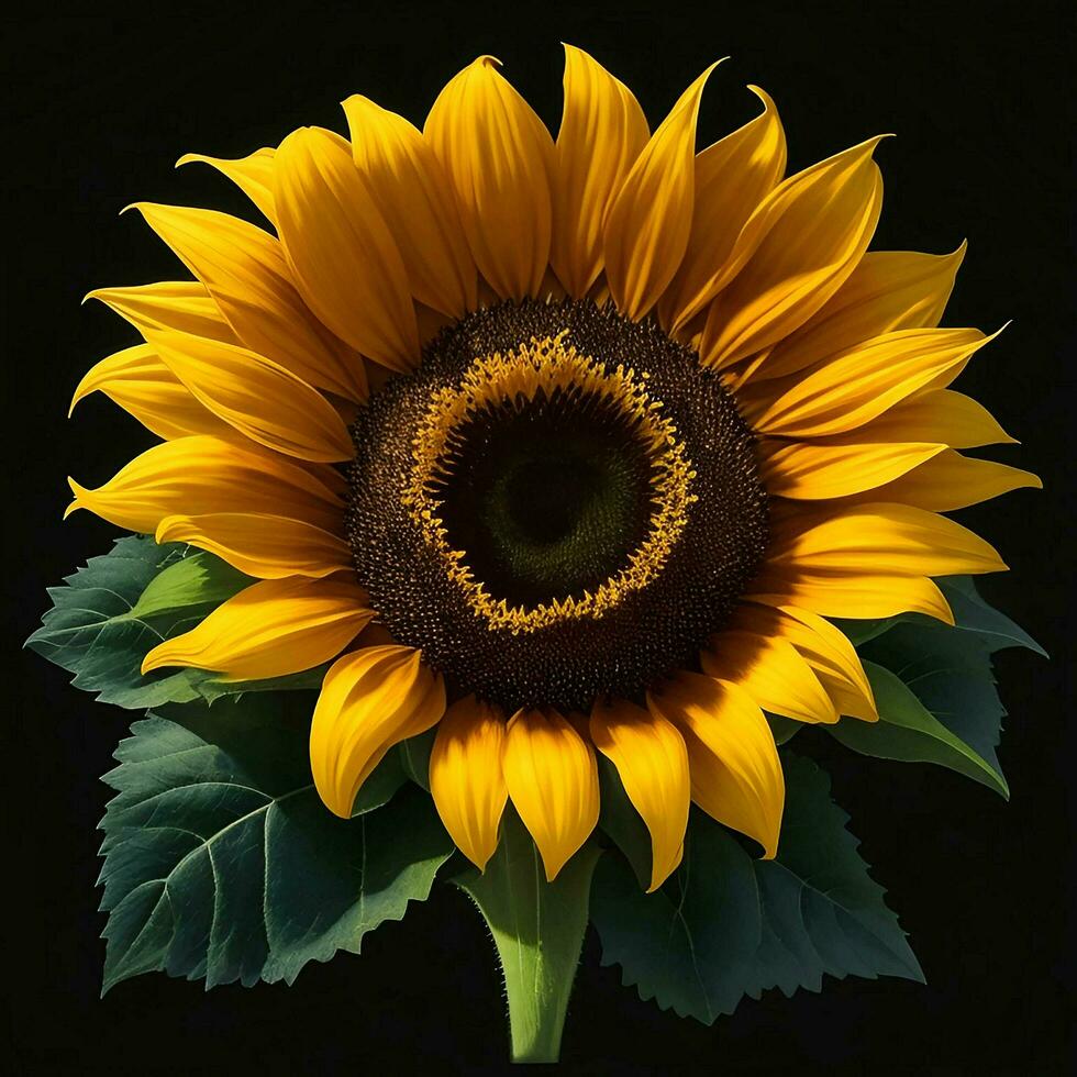 A beautiful sunflower on black background, top view, Ai Generative photo