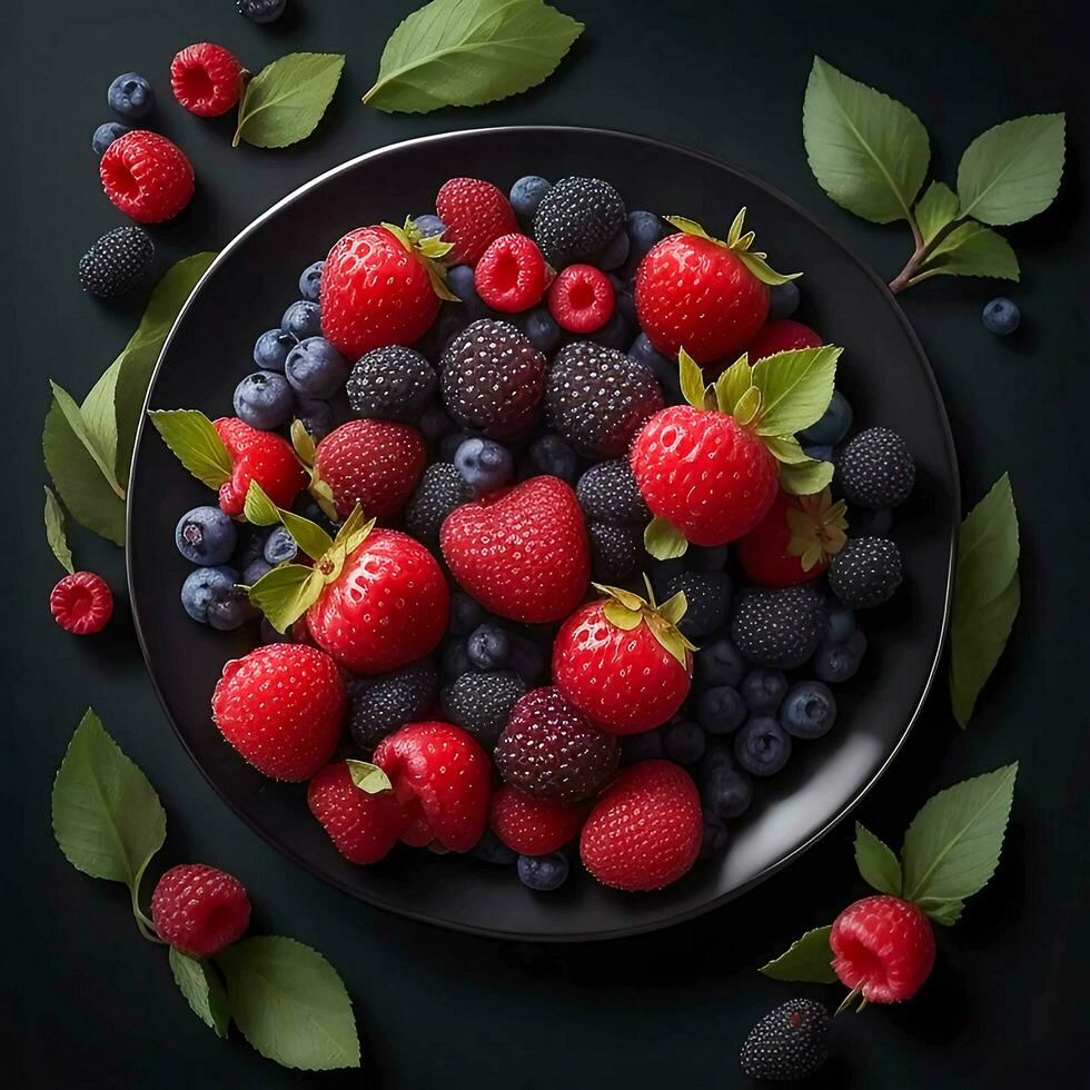 A plate of berries on black background, top view, Ai Generative photo