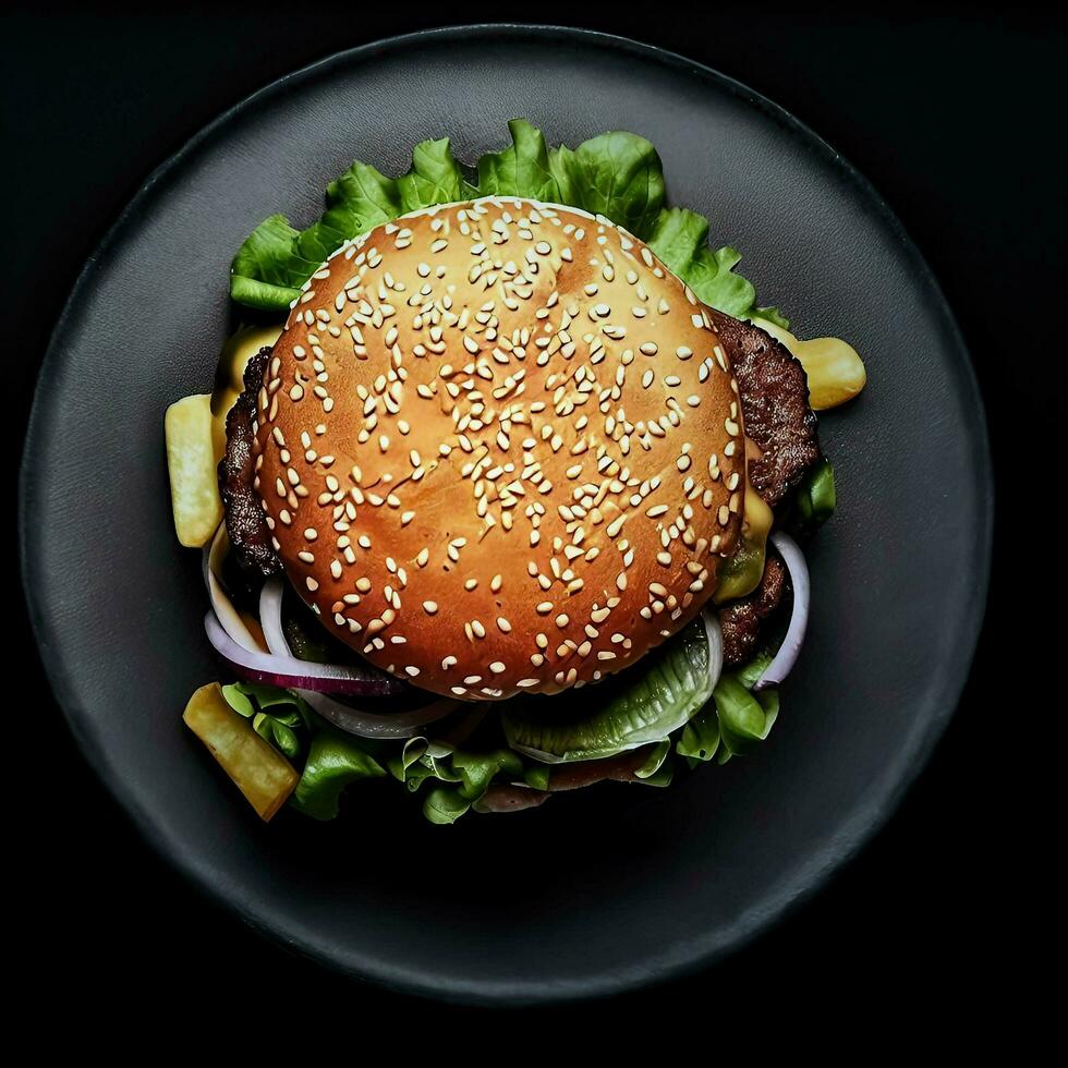 A plate of Burger on black background, top view, Ai Generative photo