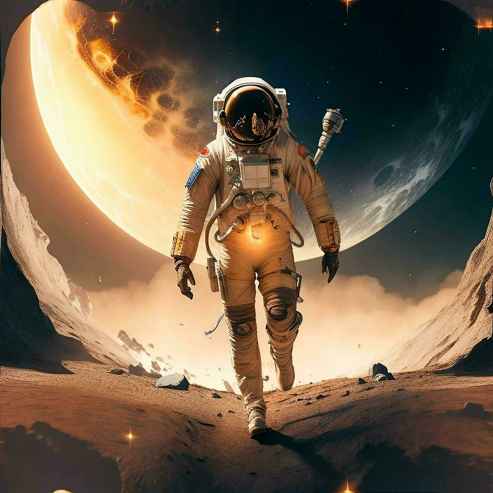 Astronaut walking on a field with a planet background, Ai Generative photo