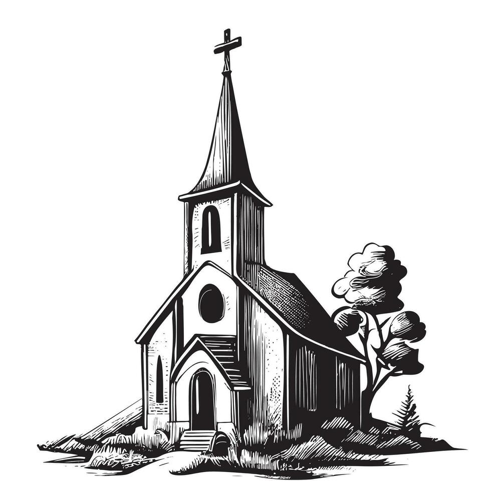 Iglesia retro mano dibujado bosquejo vector ilustración paisaje