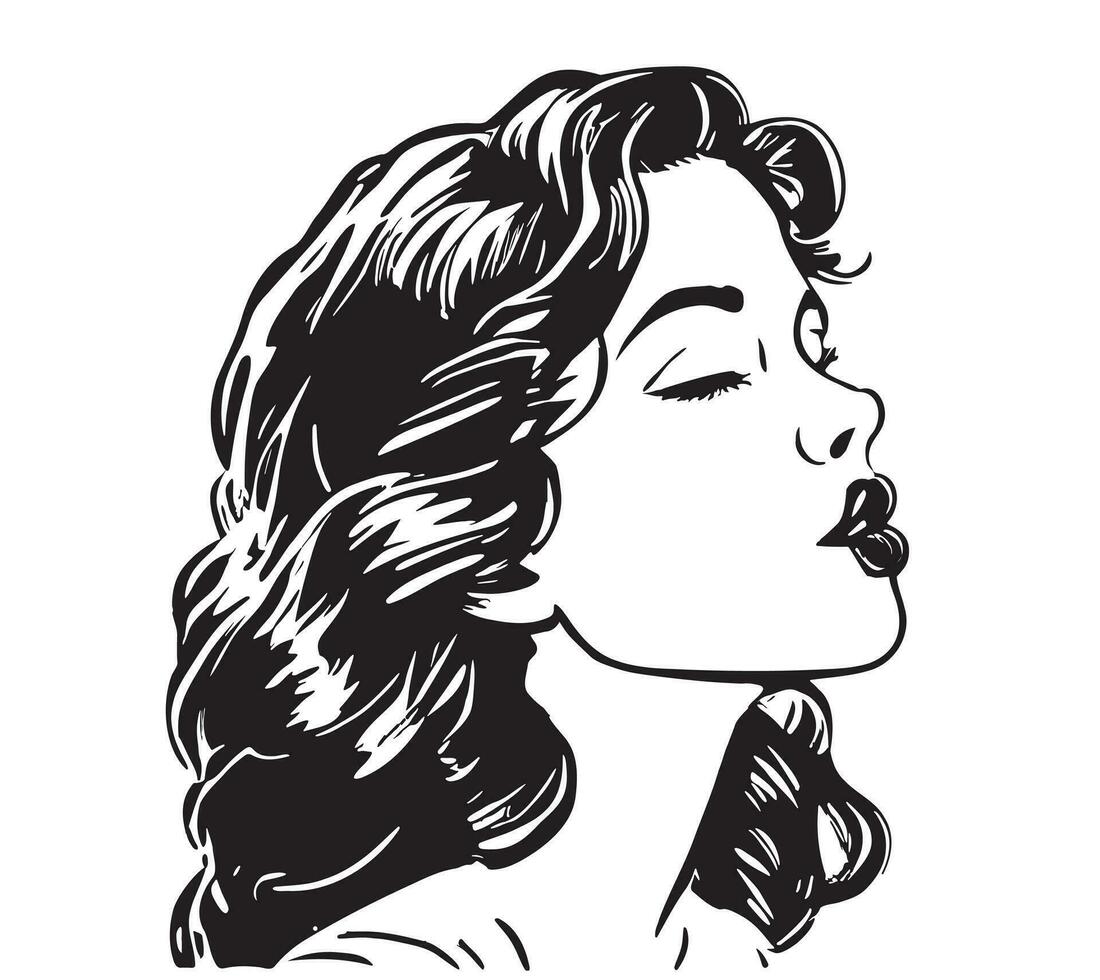 Comic style girl portrait Kiss hand drawn sketch illustration vector