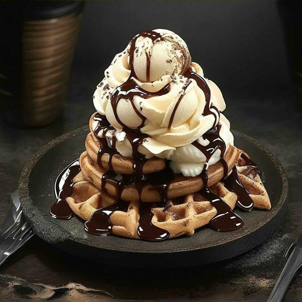 Tasty waffle with chocolate ice cream, whipped cream and chocolate syrup on top, Ai Generative photo