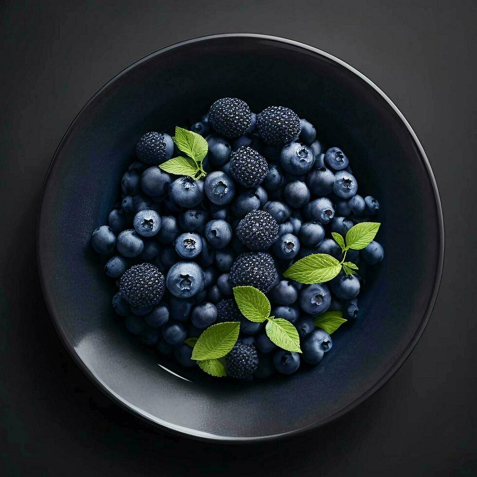 A plate of blueberries on black background, top view, Ai Generative photo