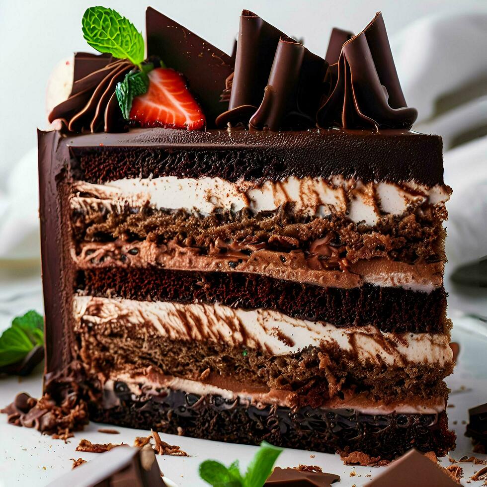 Delicious chocolate cheesecake with fresh strawberry slices on a plate, Ai Generative photo