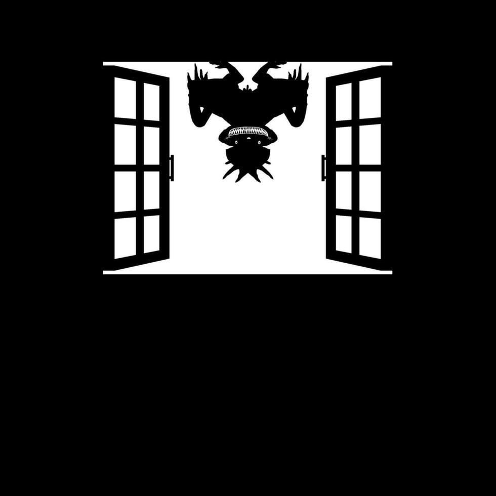 Weird Figure with Ugly Face on the Windows Silhouette. Creepy, Horror, Scary, Mystery, or Crime Illustration. Art Illustration for Horror Movie Film or Halloween Theme Design Element. Vector