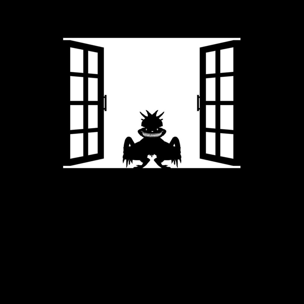 Weird Figure with Ugly Face on the Windows Silhouette. Creepy, Horror, Scary, Mystery, or Crime Illustration. Art Illustration for Horror Movie Film or Halloween Theme Design Element. Vector