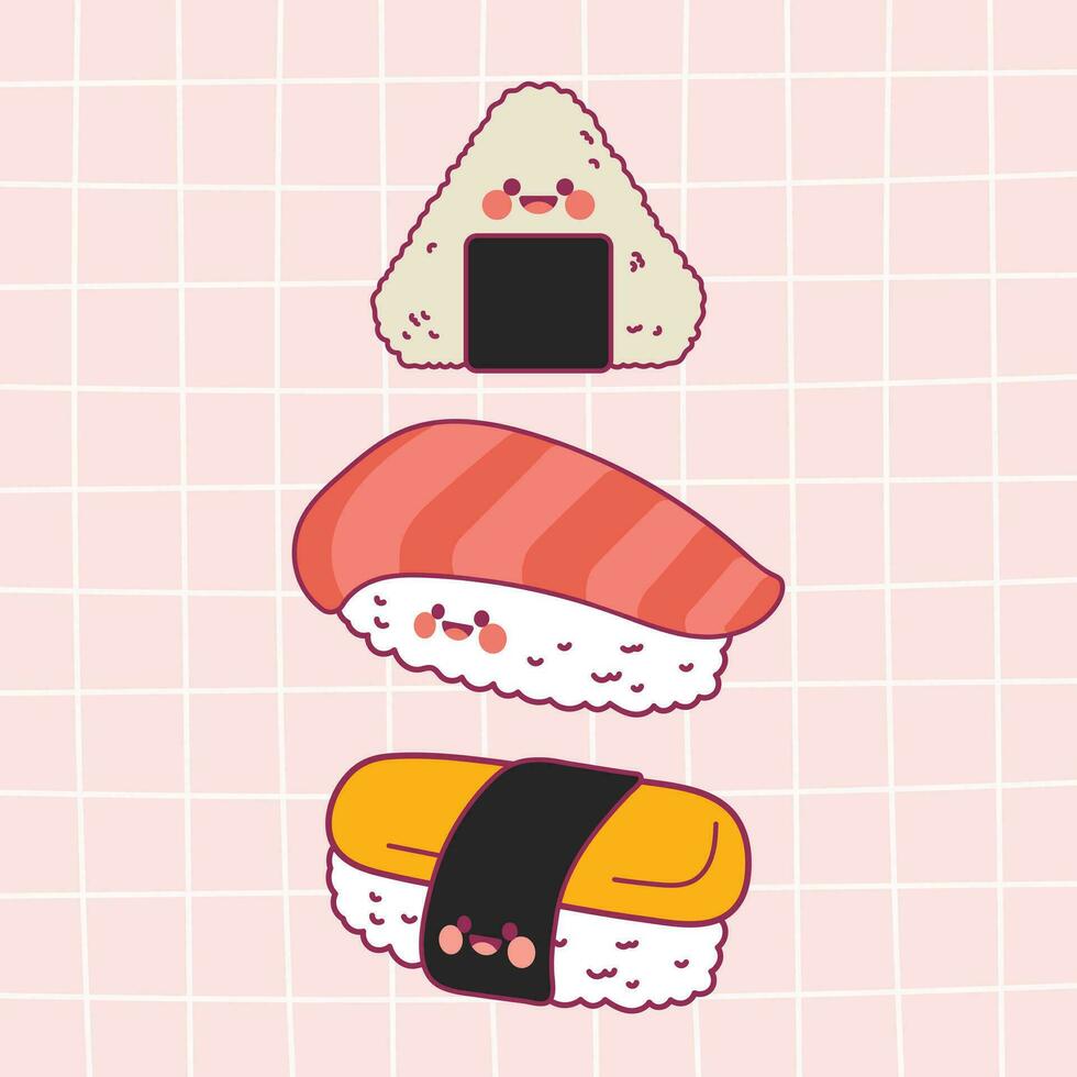 flat design vector cute kawaii colorful sushi japanese food illustration collection