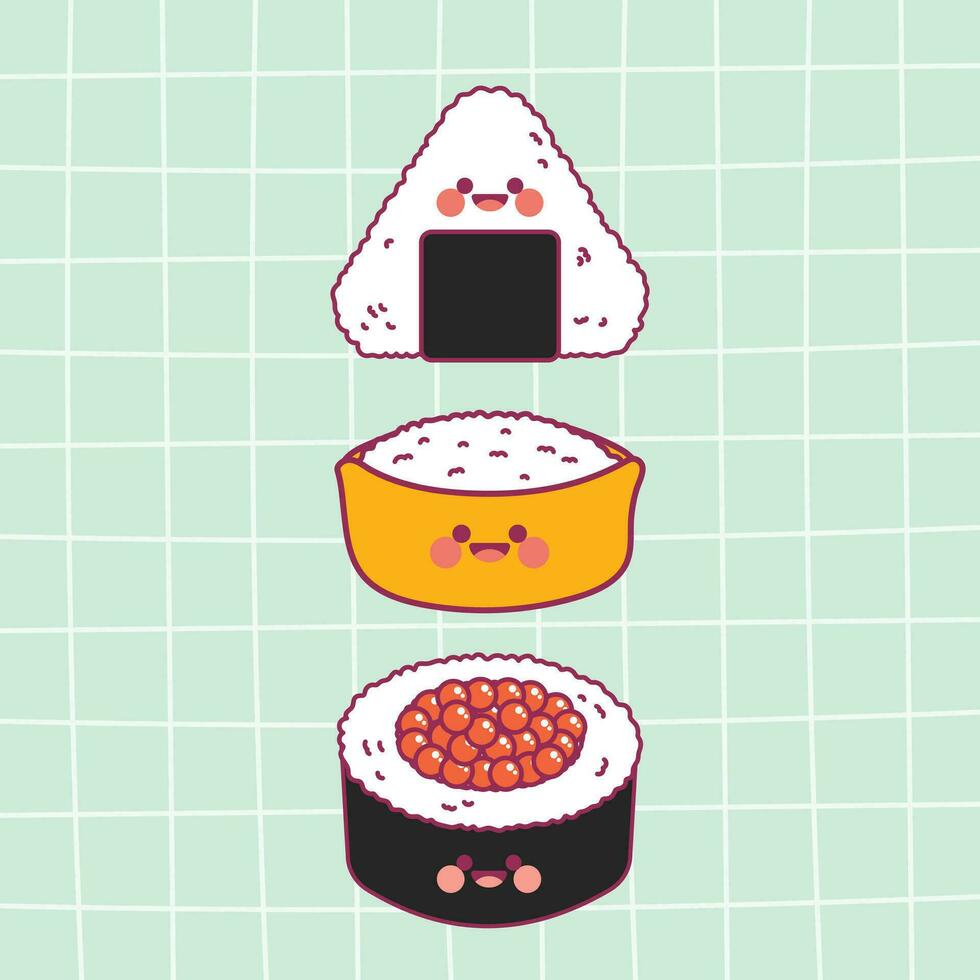 flat design vector cute kawaii colorful sushi japanese food illustration collection