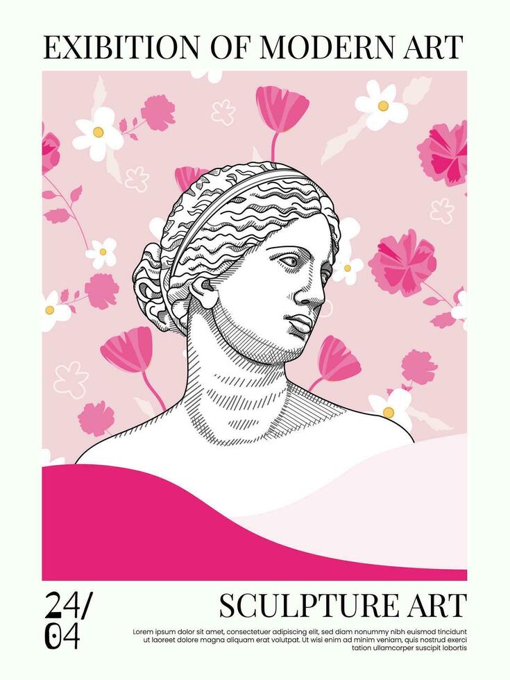 Art posters for the exhibition,  magazine or cover, vector template with sculpture art, Antique statues. Modern ancient Greek or Roman style. Vibrant colours. Pink glamour poster