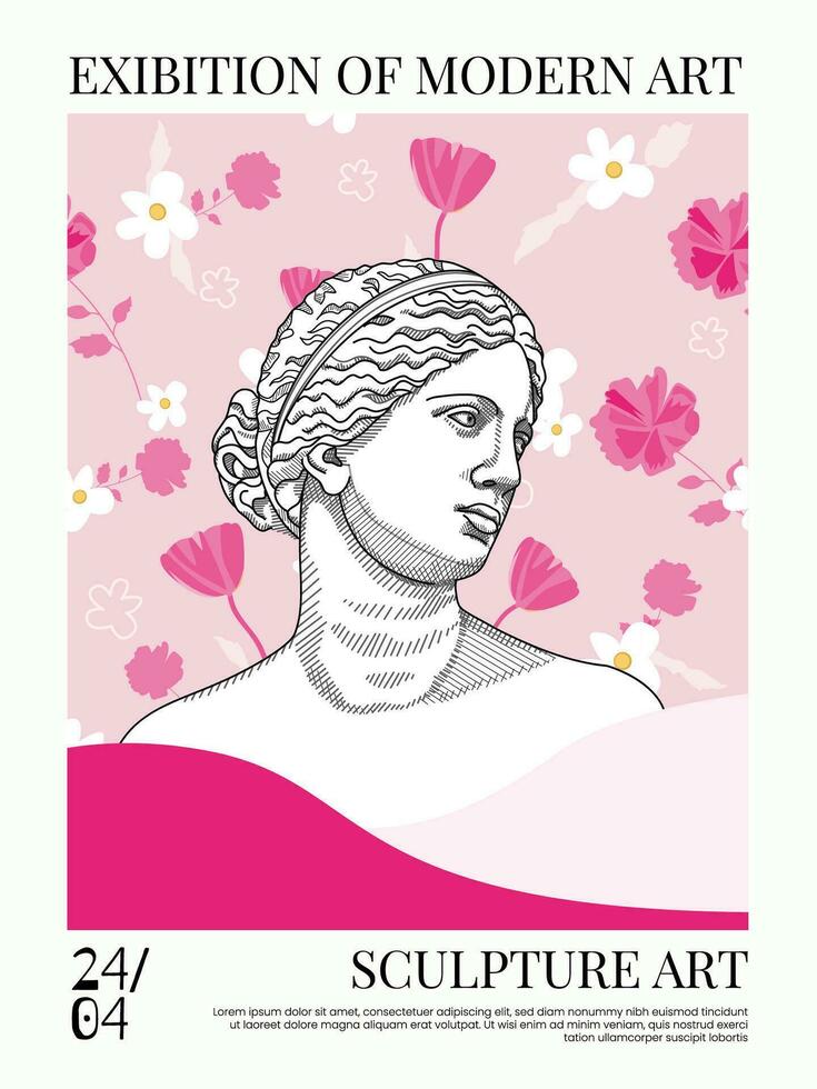 Arte carteles para el exhibición, revista o cubrir, vector modelo con escultura arte, antiguo estatuas moderno antiguo griego o romano estilo. vibrante colores. rosado glamour póster