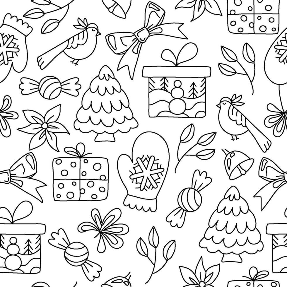 New Year, Christmas seamless pattern. Hand drawing coloring page for kids and adults. Winter Holidays. Beautiful drawing with patterns and small details. Coloring anti stress pictures, mandala vector