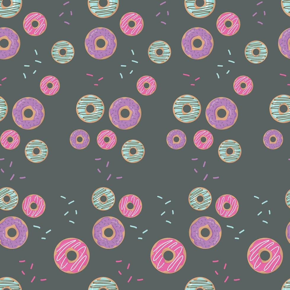 Hand drawn seamless pattern with colorful glazed donuts on a dark background. Vector illustration