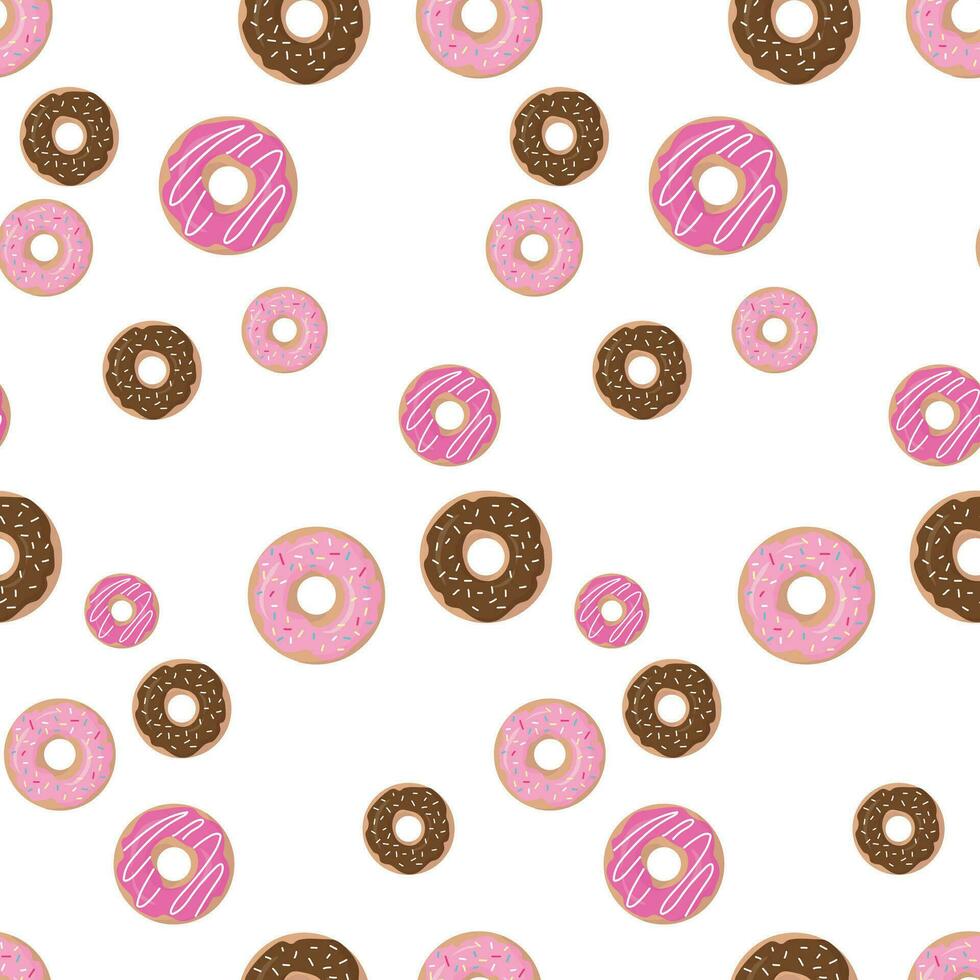 Hand drawn seamless pattern with colorful donuts with icing on a white background. Vector illustration