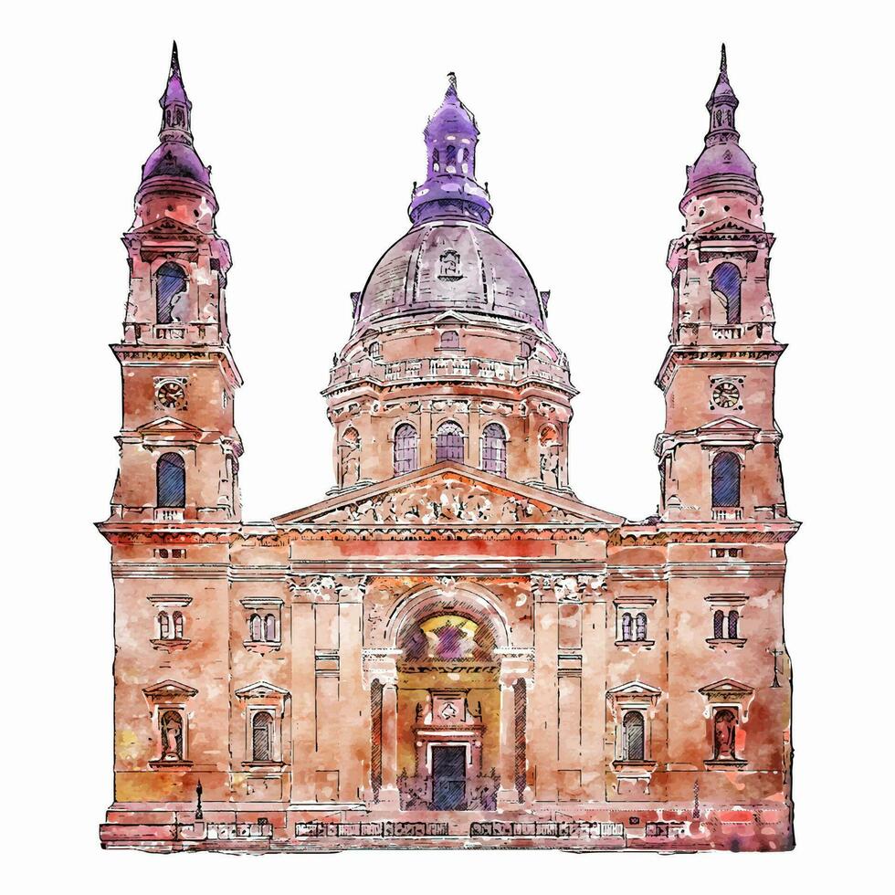 Basilica budapest watercolor hand drawn illustration isolated on white background vector