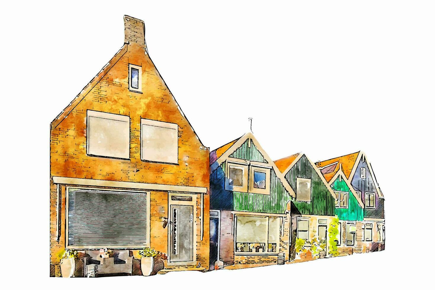 Volendam netherlands watercolor hand drawn illustration isolated on white background vector