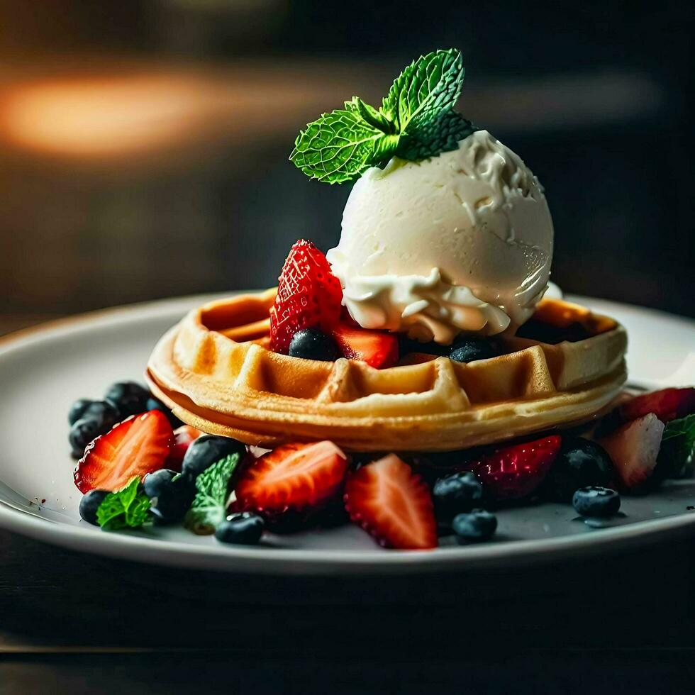 A delicious waffle with vanilla ice cream, fresh strawberries, blueberries, and mint leaves on top, Ai Generative photo