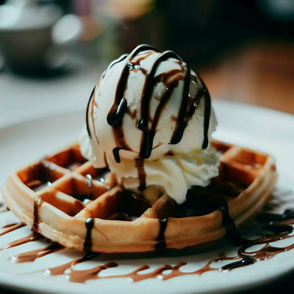 Tasty waffle with chocolate ice cream, whipped cream and chocolate syrup on top, Ai Generative photo