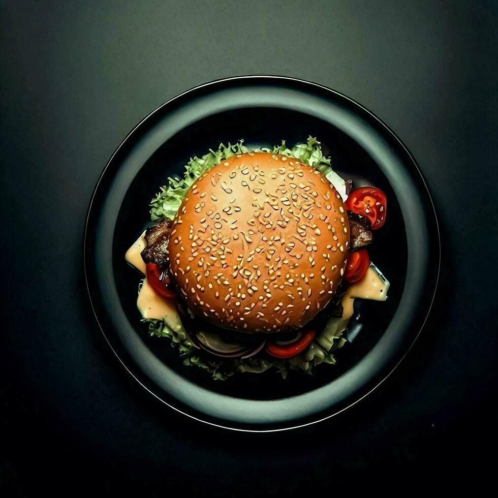 A plate of Burger on black background, top view, Ai Generative photo