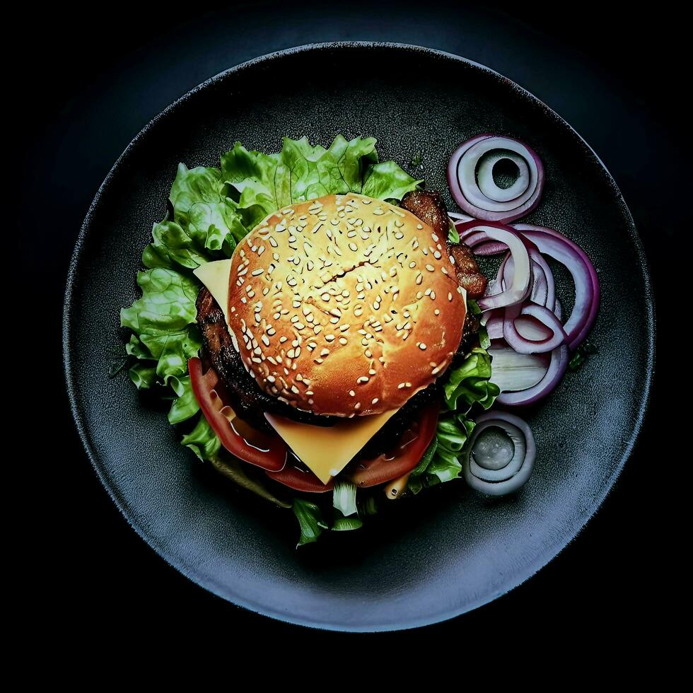 A plate of Burger on black background, top view, Ai Generative photo