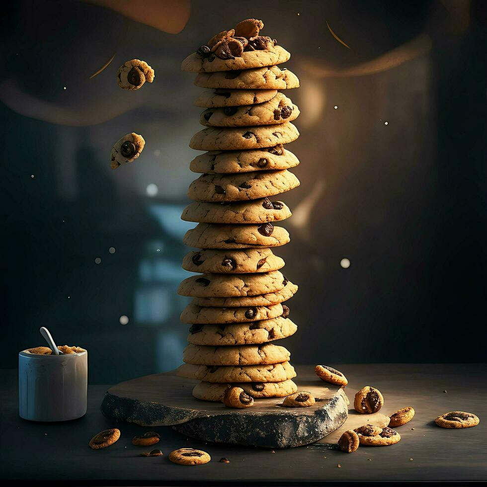 A homemade chocolate chip cookie stack on table, Ai Generative photo