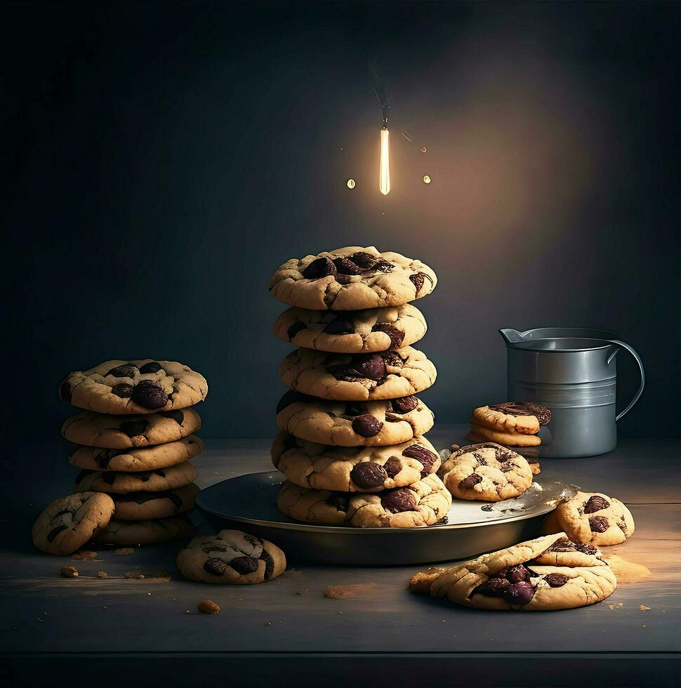 un hecho en casa chocolate chip Galleta apilar en mesa, ai generativo foto