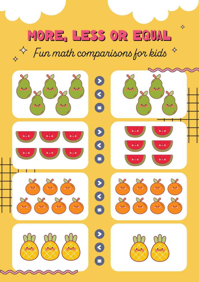 flat design vector counting more less equal counting printable worksheet for kids activity